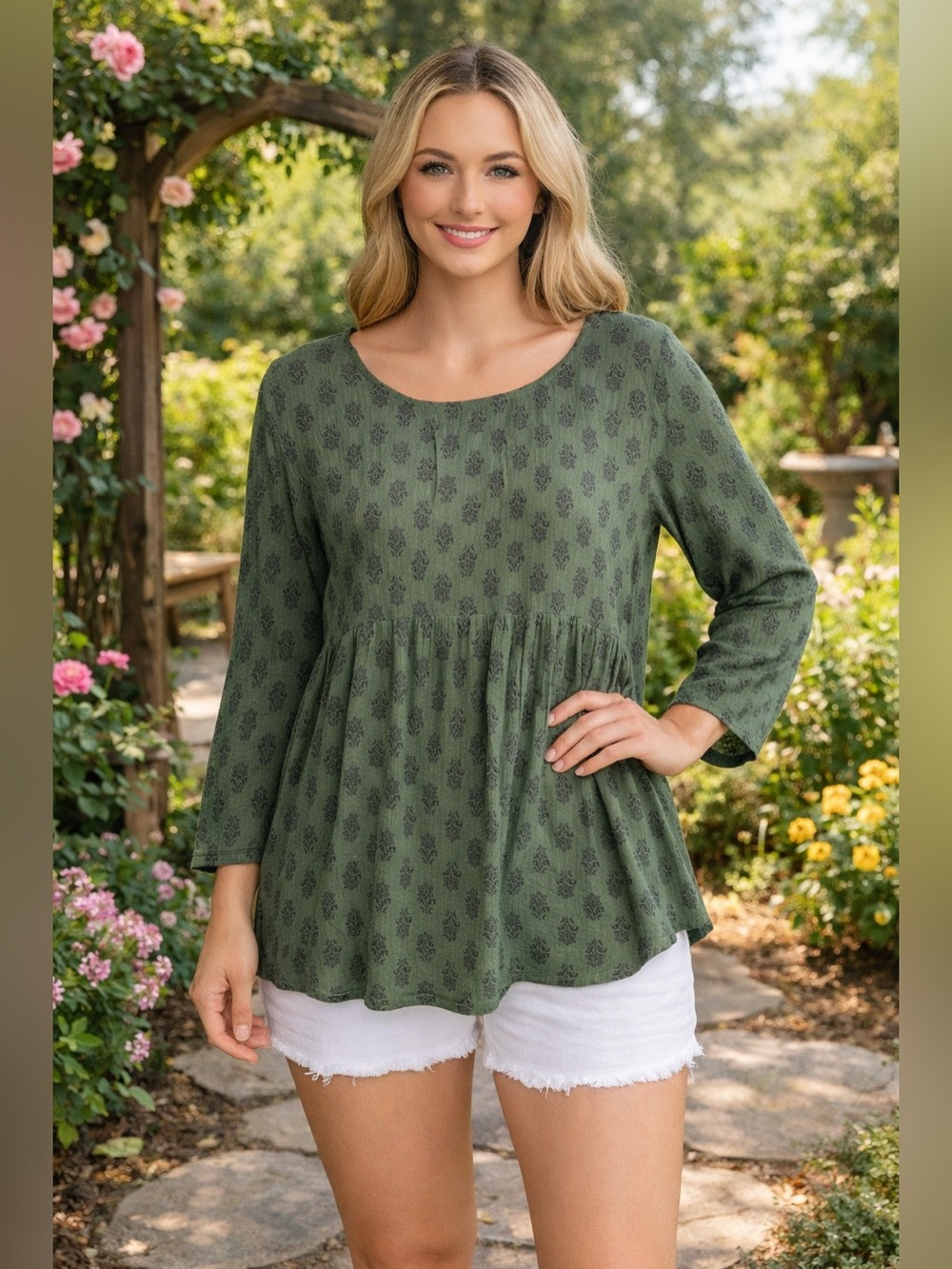 Hem & Thread Olive Green Floral Babydoll Tunic